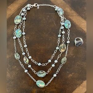 3-Strand Sterling Silver Abalone Necklace and Ring